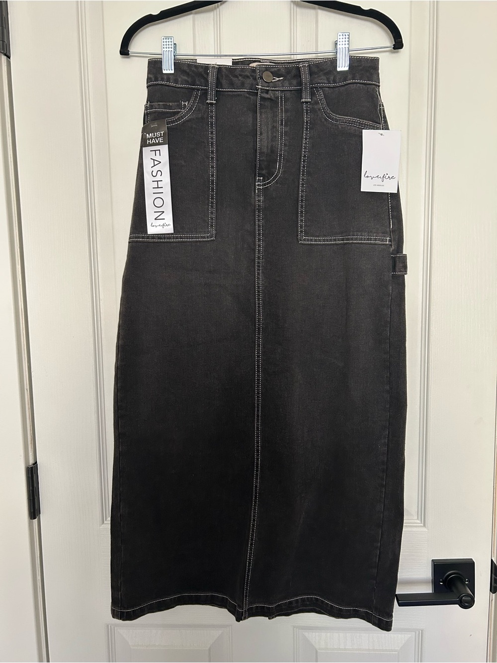 Black wash Denim Midi Skirt with Front Patch Pockets - Back slit
